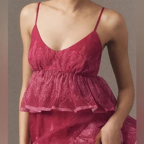 Let Me Be Anthropologie Tiered Sheer Sleeveless Ruffle Dress Pink XS - Picture 3 of 10